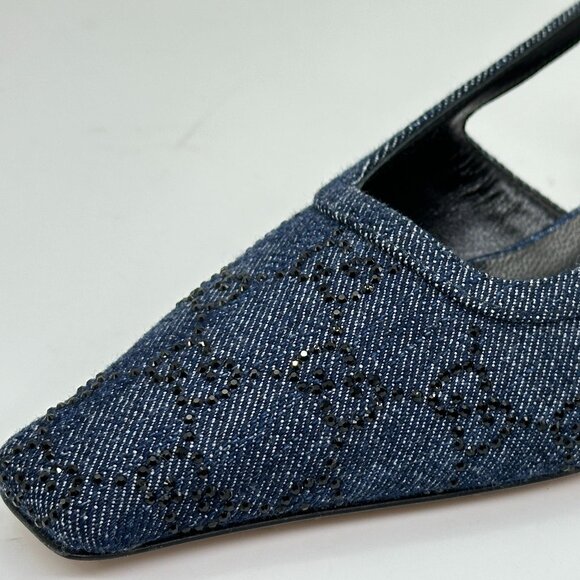 Gucci Crystal GG Monogram Demi Slingback Pumps Kitten Heels Sandals Shoes - Picture 6 of 16